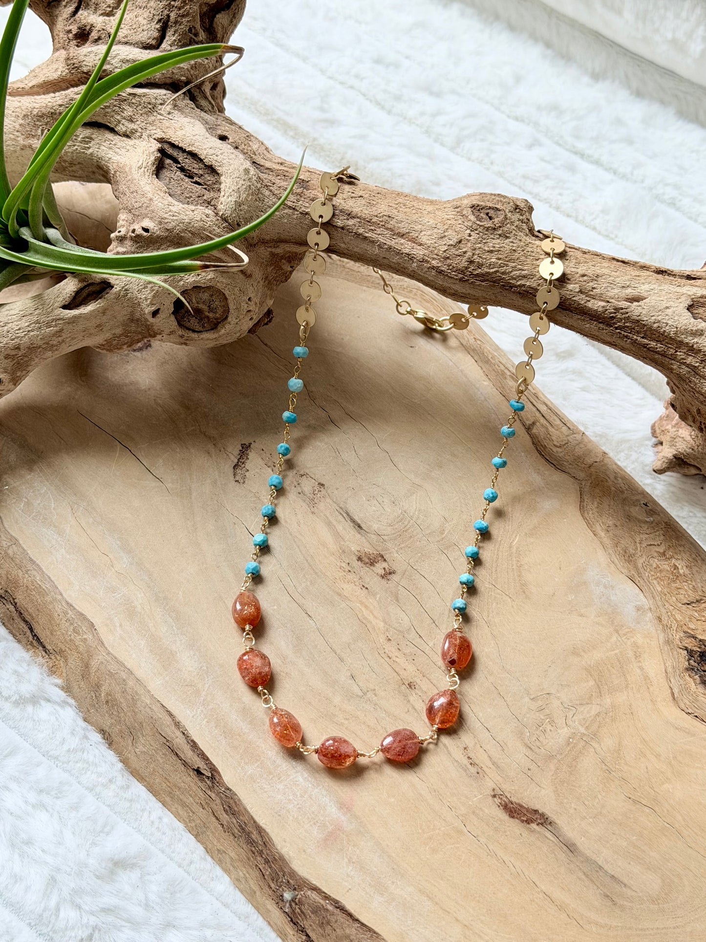 Turquoise + Sunstone Matte Gold Necklace