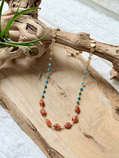 Turquoise + Sunstone Matte Gold Necklace