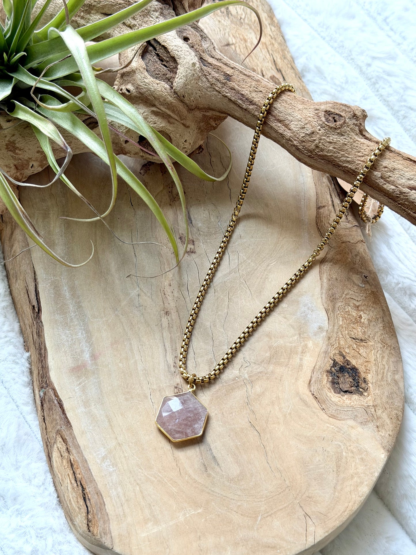 Peach Moonstone Hexagon + Gold Stainless Steel Necklace