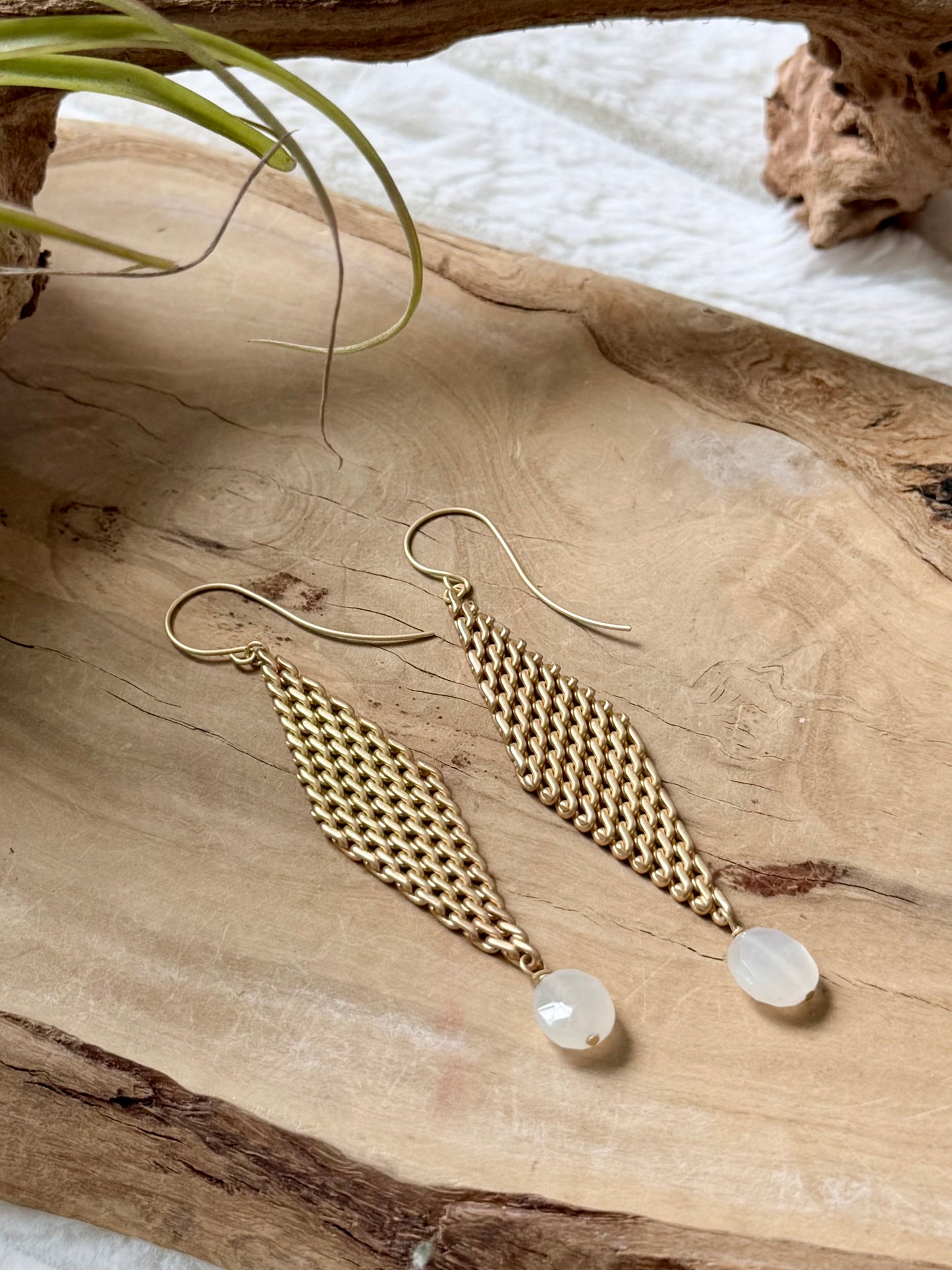 White Moonstone + Matte Gold Mesh Earrings