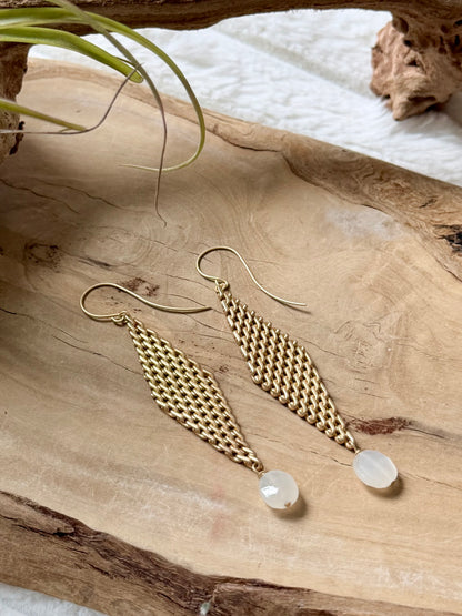 White Moonstone + Matte Gold Mesh Earrings