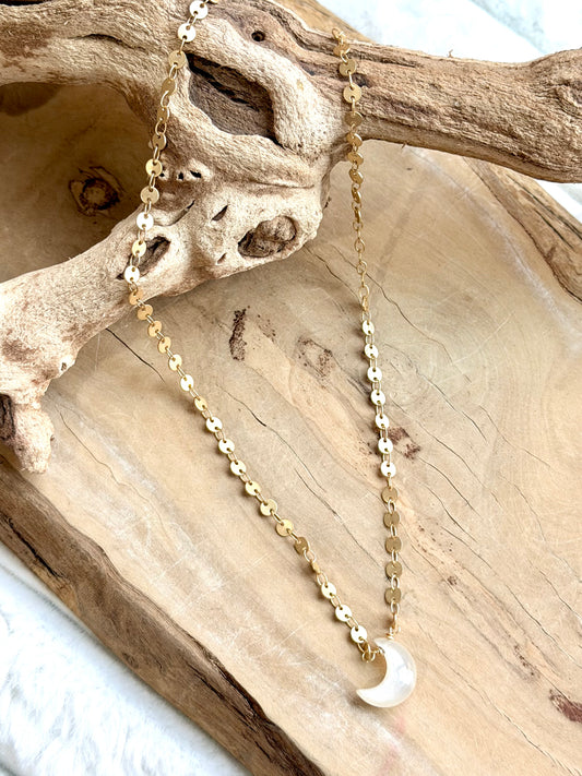 White Moonstone + Matte Gold Moon Necklace
