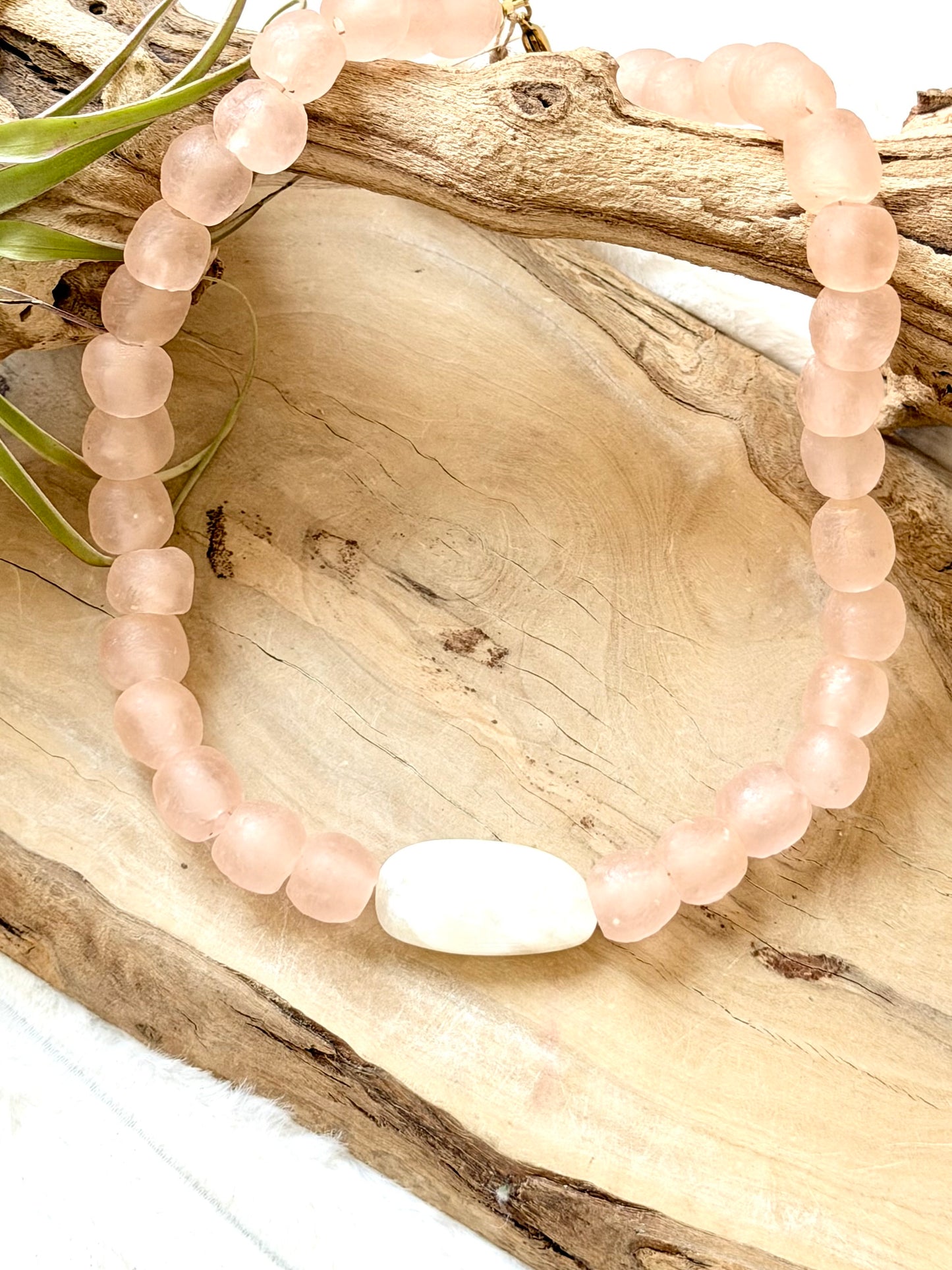 White Moonstone + Pink African Glass  Chunky Necklace