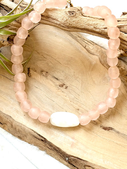 White Moonstone + Pink African Glass  Chunky Necklace