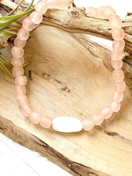 White Moonstone + Pink African Glass  Chunky Necklace