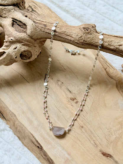 Chocolate Moonstone + Pink Opal Silver Necklace