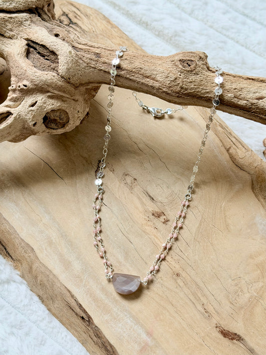 Chocolate Moonstone + Pink Opal Silver Necklace