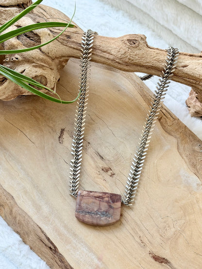 Butterfly Jasper + Antique Silver Fishbone Chain Necklace