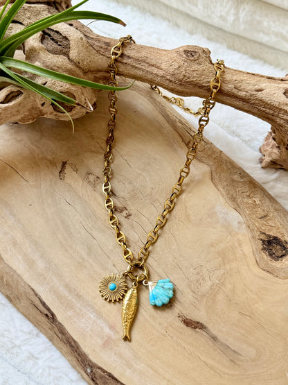 Turquoise Shell + Gold Stainless Carabiner Charm Necklace