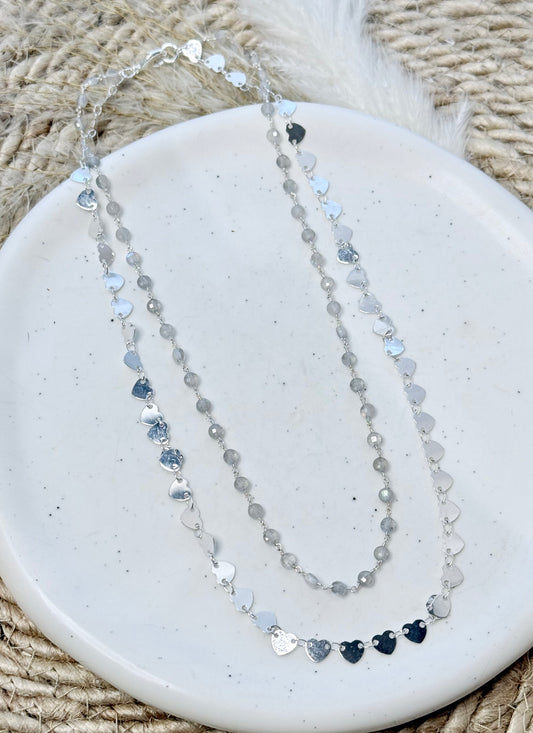 Labradorite + Silver Heart Duet Necklace