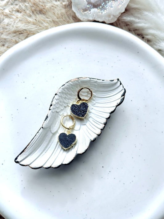 Black Druzy Agate + Gold Heart Huggie Earrings