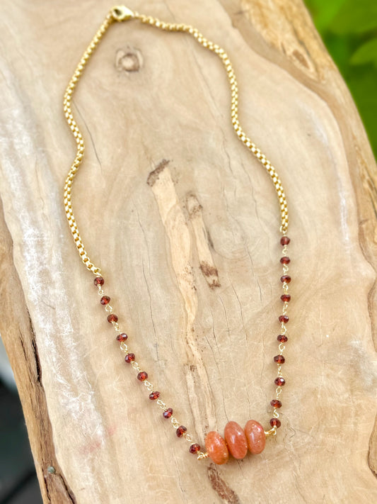 Sunstone + Garnet Matte Gold Necklace