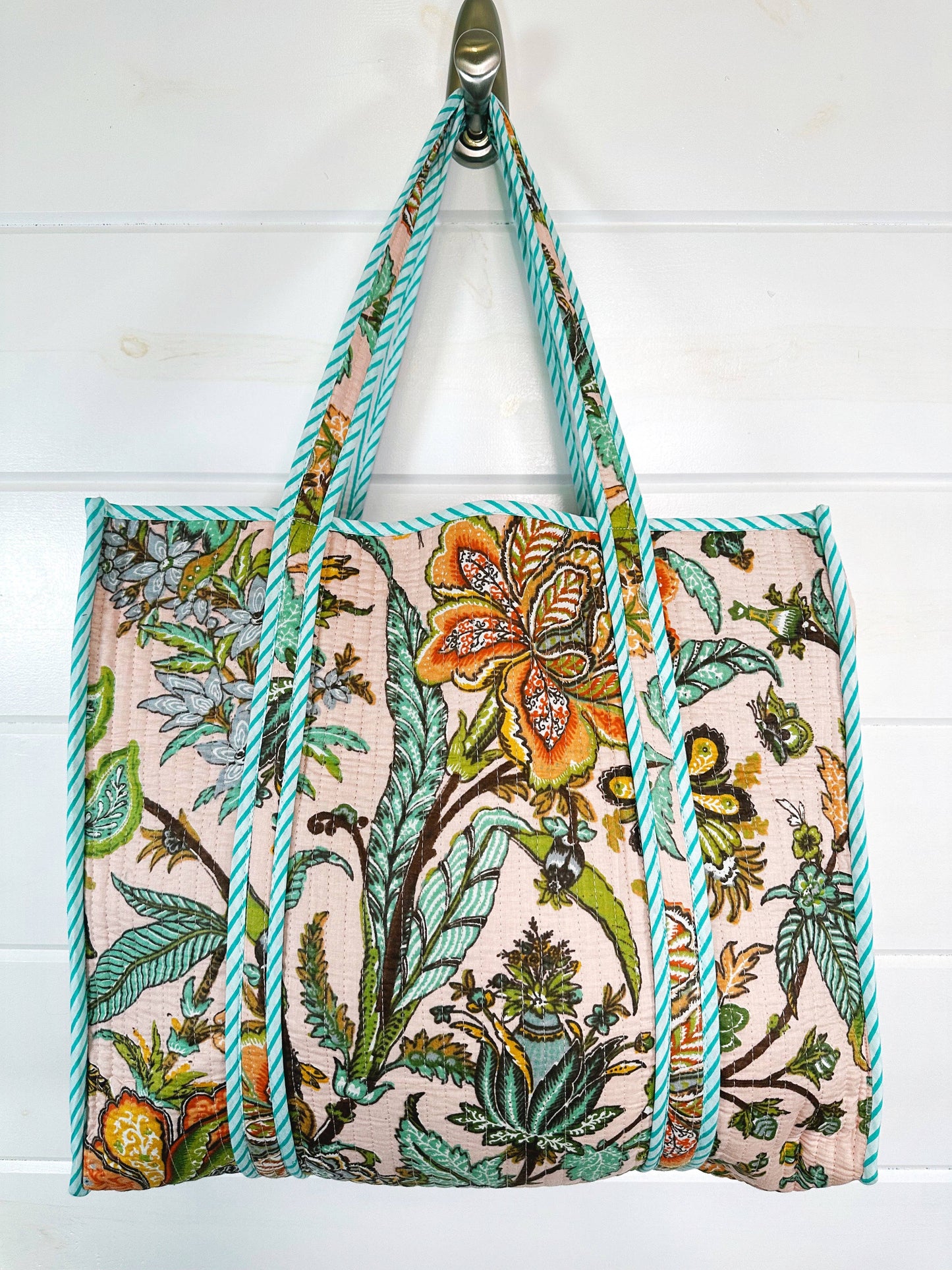 Peach Botanical Quilted Tote Bag | Botanical Tote Bag