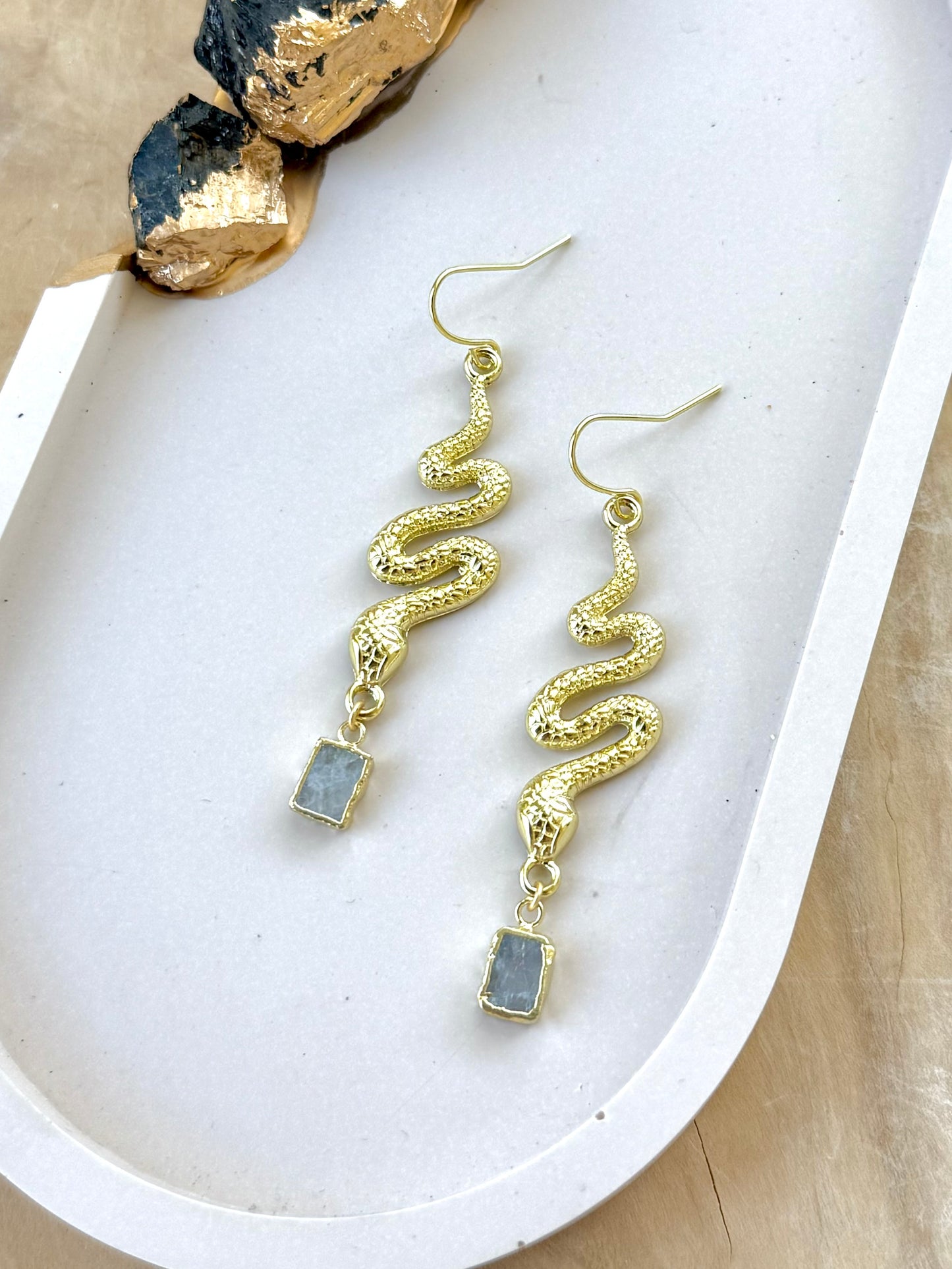 Rainbow Moonstone + Gold Snake Earrings