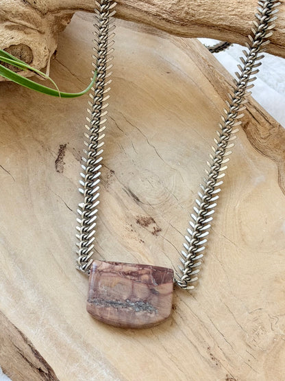 Butterfly Jasper + Antique Silver Fishbone Chain Necklace