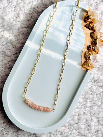 Peach Moonstone + Matte Gold Chain Bar Necklace