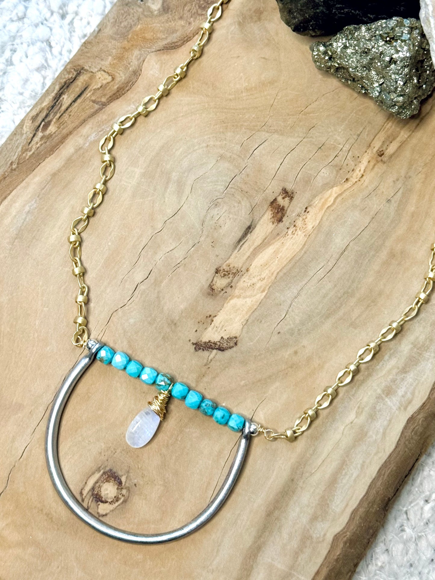 Turquoise + Moonstone Mixed Metals Horseshoe Necklace