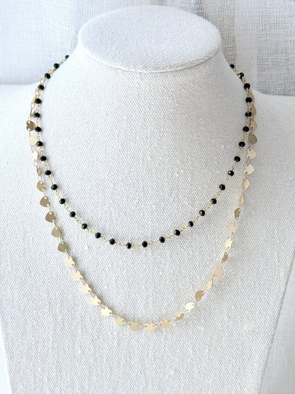 Black Onyx + Matte Gold Heart Duet Necklace