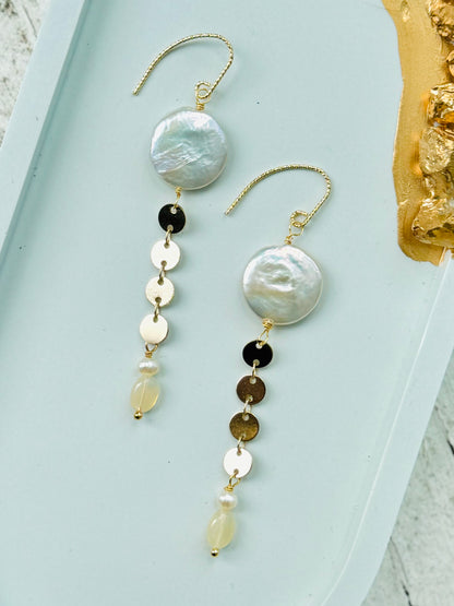 Freshwater Pearl + Ethiopian Opal in Gold Drop Earrings