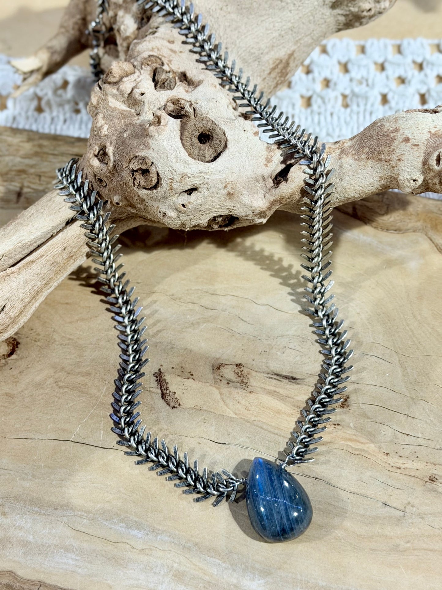 Labradorite + Antique Silver Fishbone Necklace
