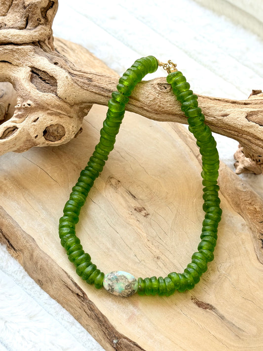 Ethiopian Opal + Lime Green African Glass Gold Chunky Necklace