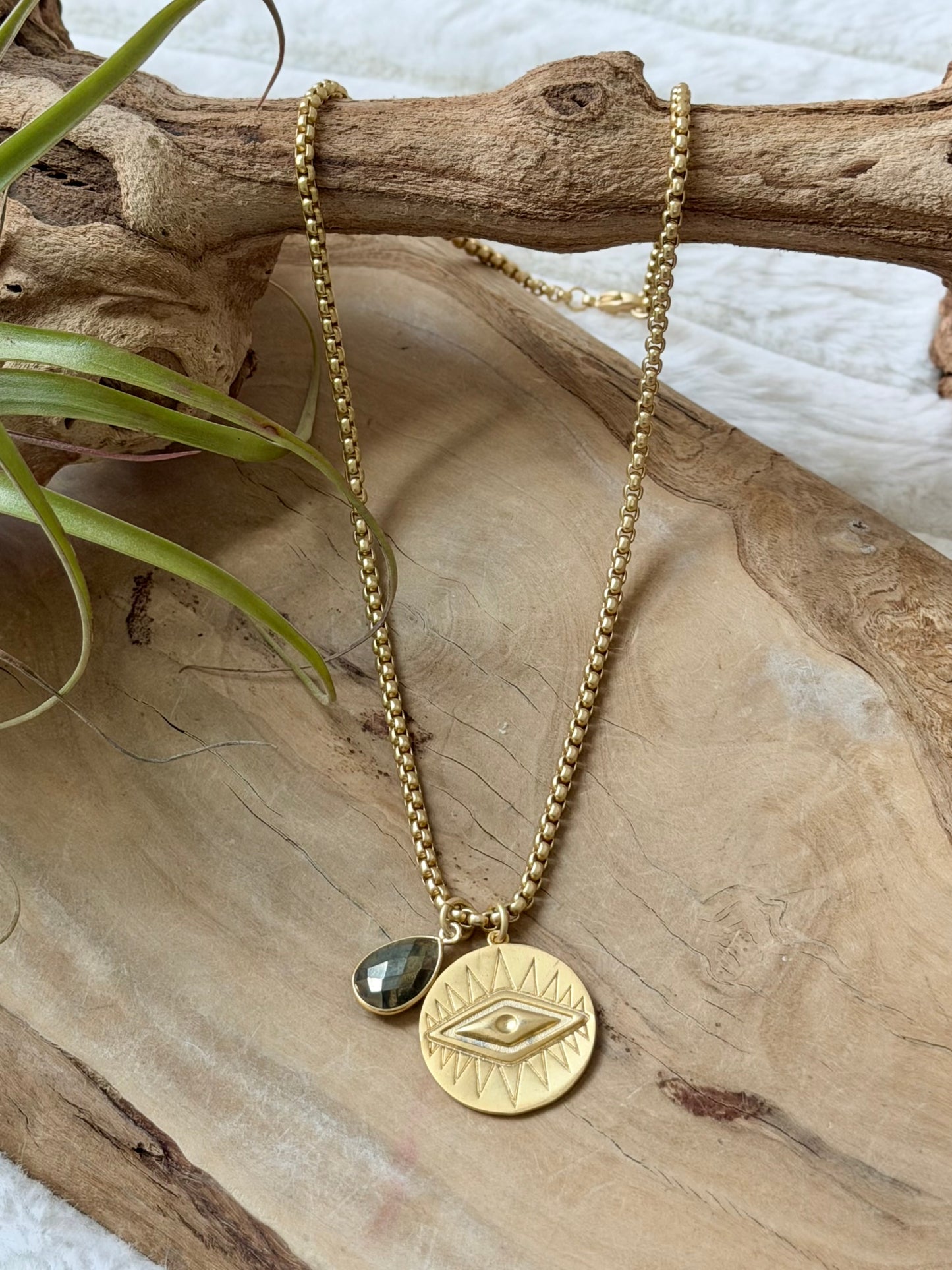 Pyrite Drop + Matte Gold Evil Eye Necklace