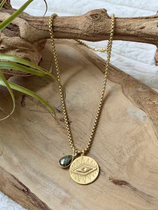 Pyrite Drop + Matte Gold Evil Eye Necklace
