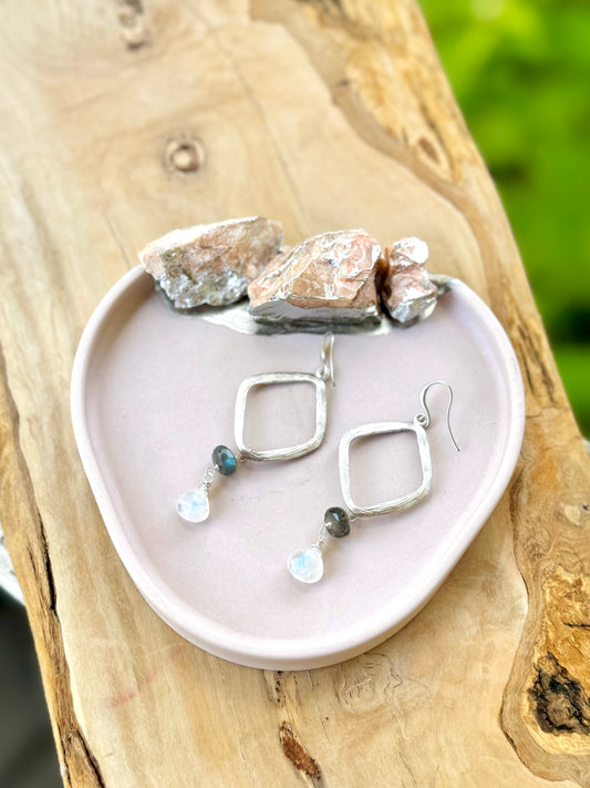 Labradorite + Moonstone Matte Silver Diamond Earrings