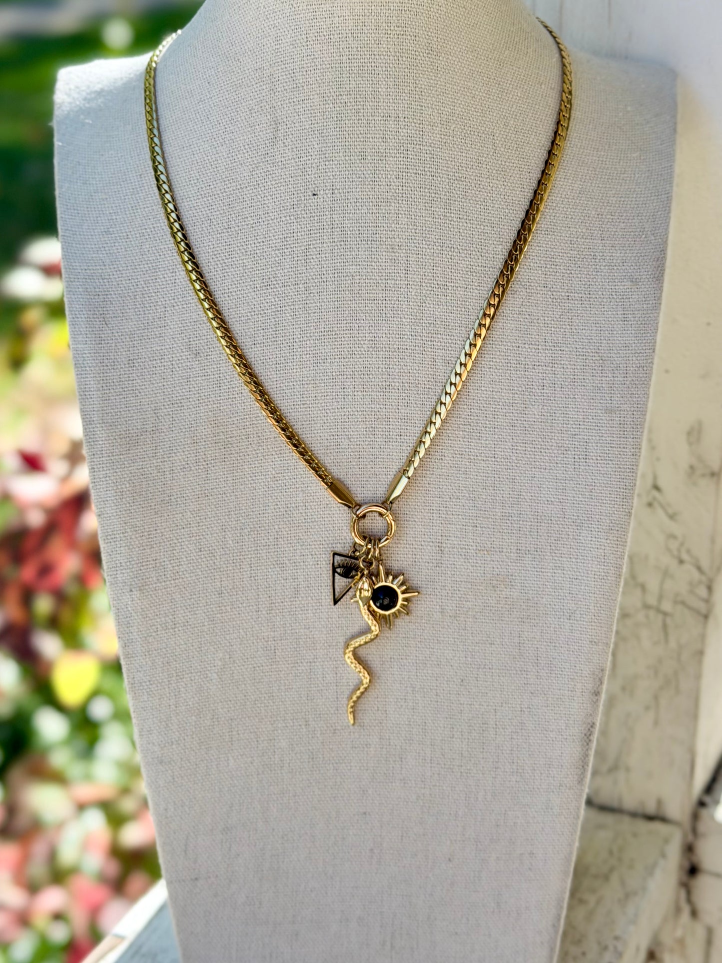 Black Onyx + Gold Stainless Steel Carabiner Charm Necklace