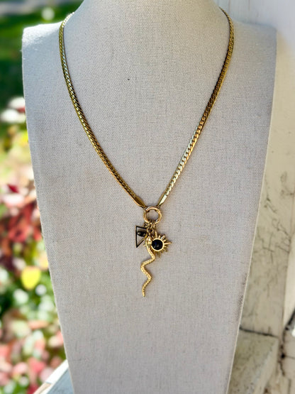 Black Onyx + Gold Stainless Steel Carabiner Charm Necklace