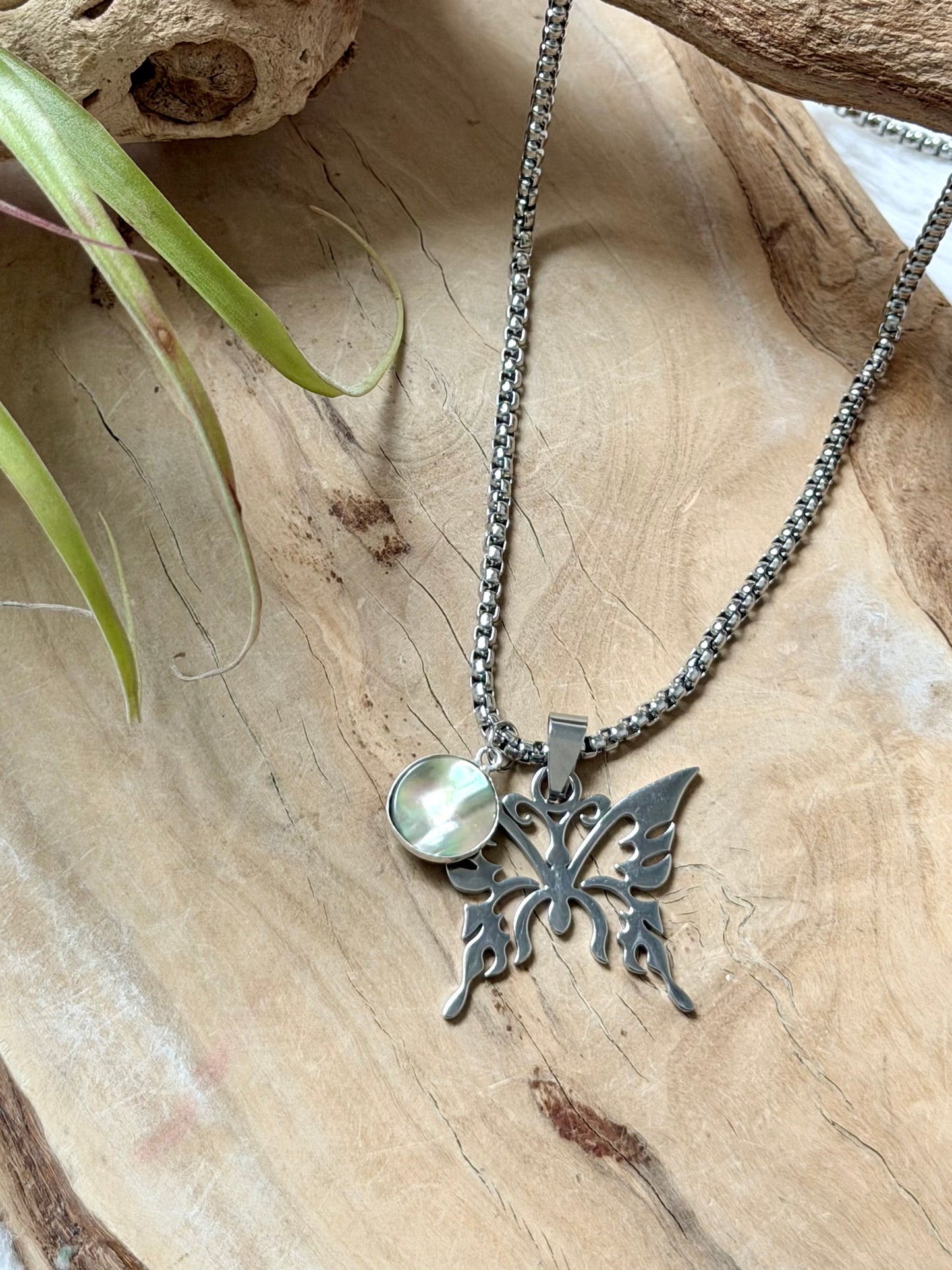 Abalone + Stainless Steel Butterfly Necklace