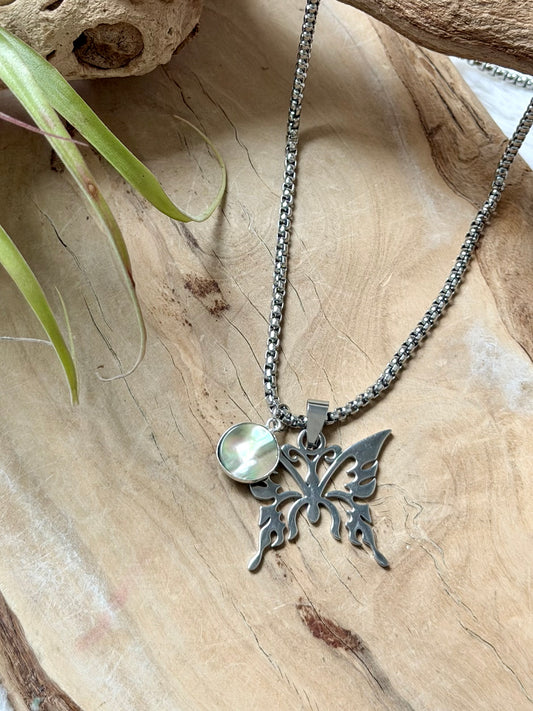 Abalone + Stainless Steel Butterfly Necklace