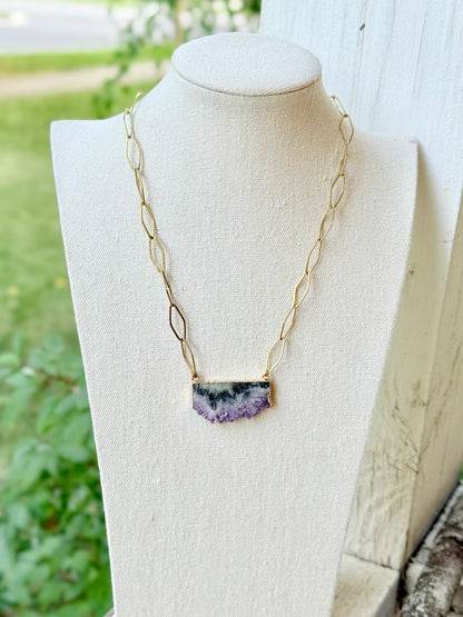 Amethyst Slice + Gold Stainless Steel Chain Necklace