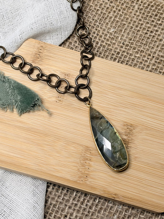 Labradorite Drop + Antique Brass Necklace