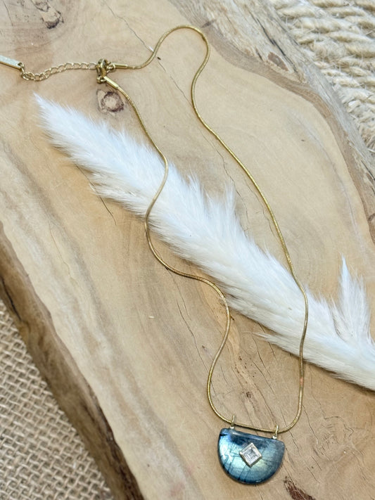 Labradorite + White Topaz Gold Half-Moon Necklace