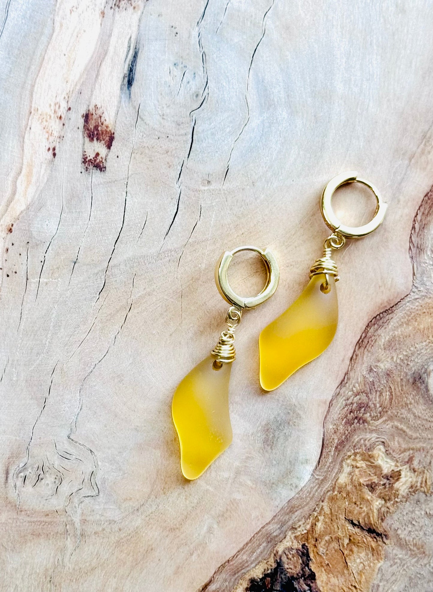 Yellow Sea Glass + Gold Huggie Earrings