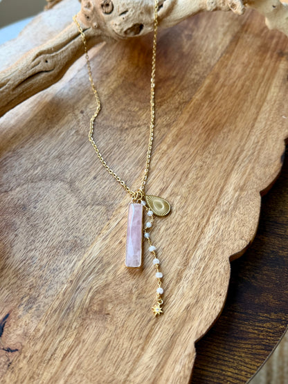 Rose Quartz + Gold Stainless Steel Necklace