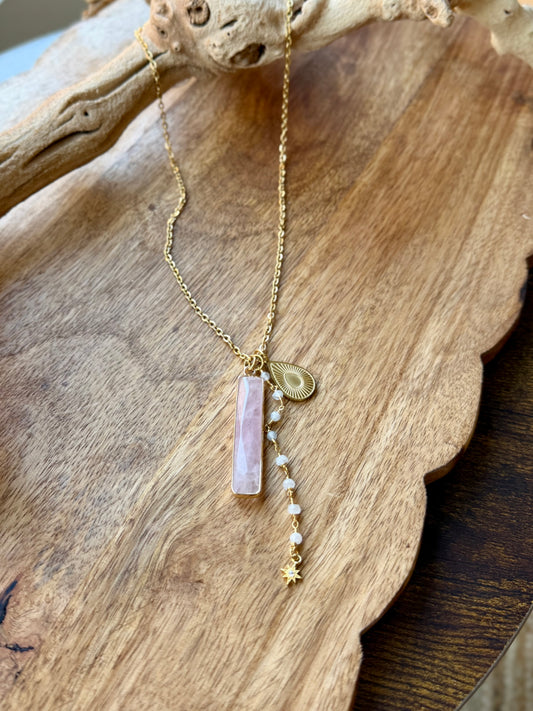 Rose Quartz + Gold Stainless Steel Necklace