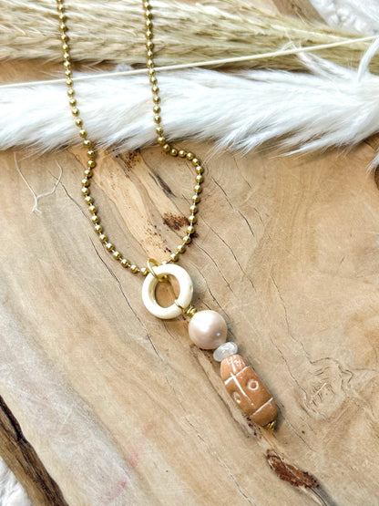 Freshwater Pearl, African Ceramic + Matte Gold Boho Necklace