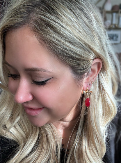 Red Jade Drops + Gold Bow Earrings