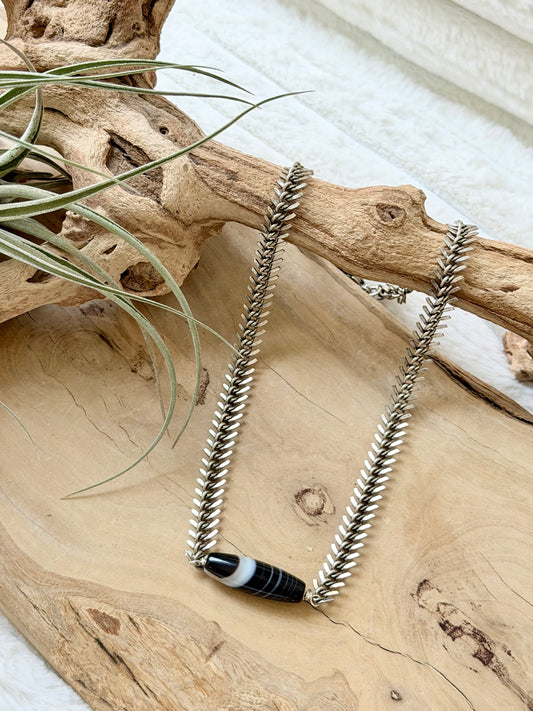 Tuxedo Agate + Antique Silver Fishbone Necklace