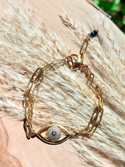 Evil Eye + Gold Double Chain Bracelet