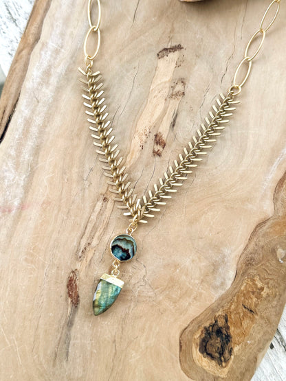 Abalone + Labradorite Matte Gold Fishbone Necklace