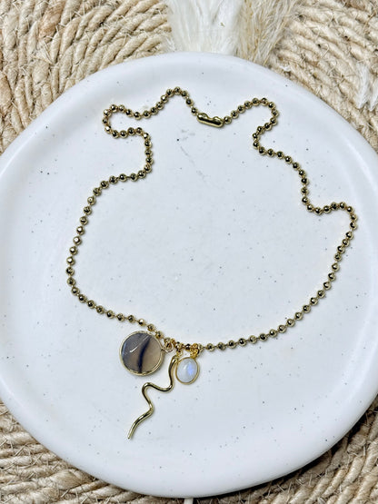 Gray Agate + Rainbow Moonstone Gold Snake Necklace