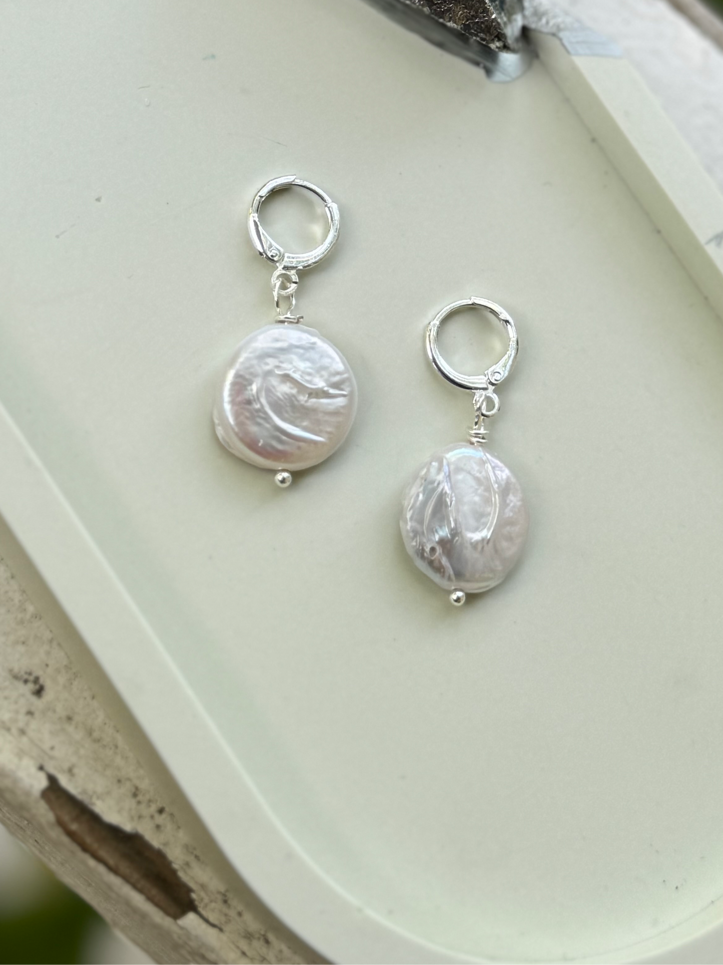 Freahwater Disc Pearls + Silver Huggie Earrings