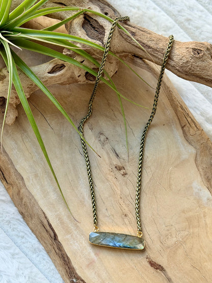Labradorite + Antique Brass Bar Necklace (large)