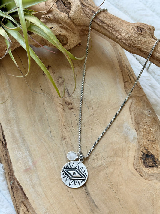 Rainbow Moonstone + Silver Evil Eye Necklace