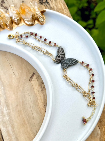 Dark Brass Butterfly + Garnet Matte Gold Chain Bracelet