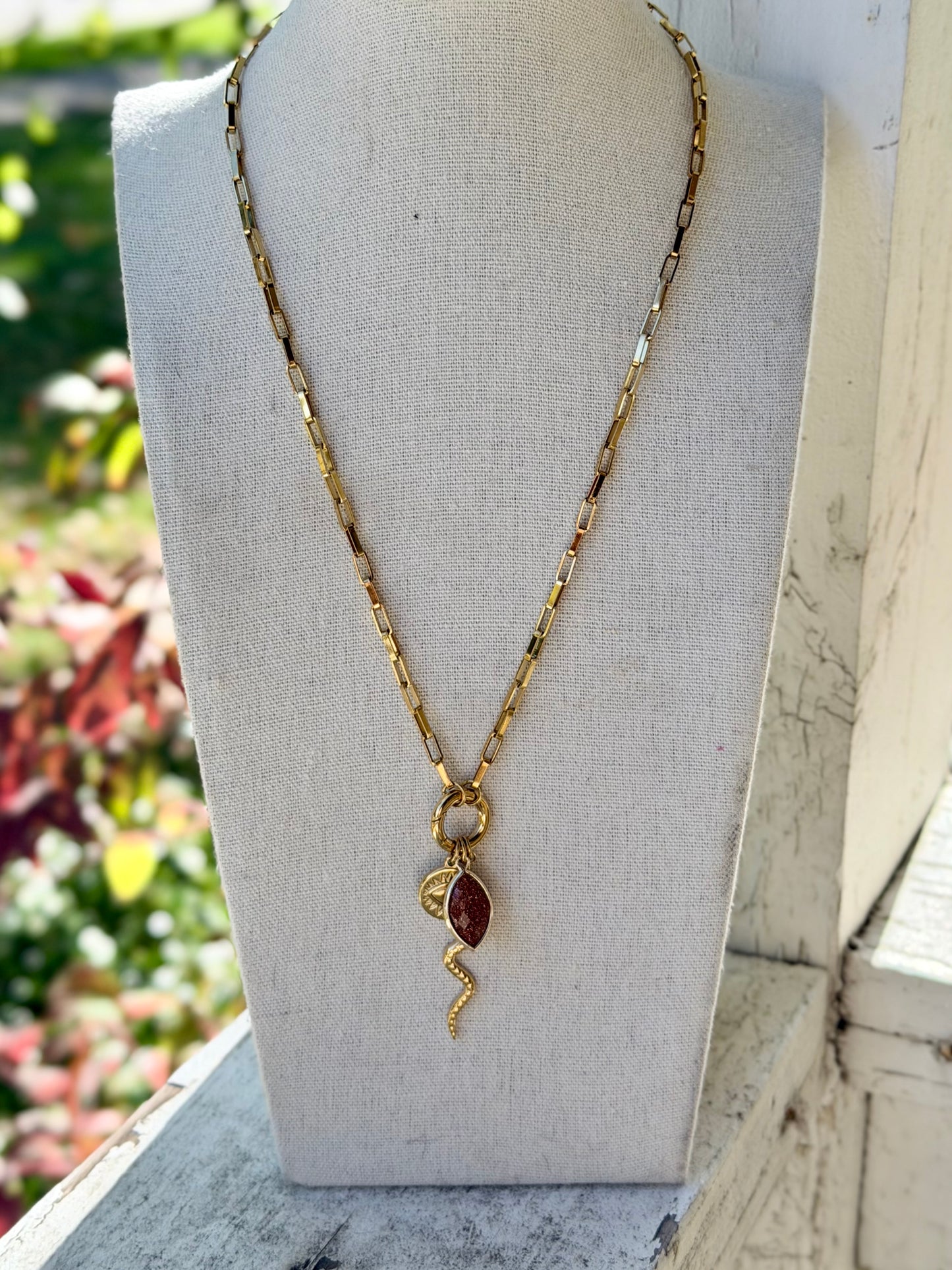 Goldstone + Gold Stainless Steel Carabiner Charm Necklace