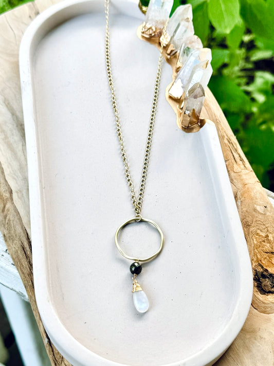 Pyrite + Moonstone Matte Gold Circle Necklace